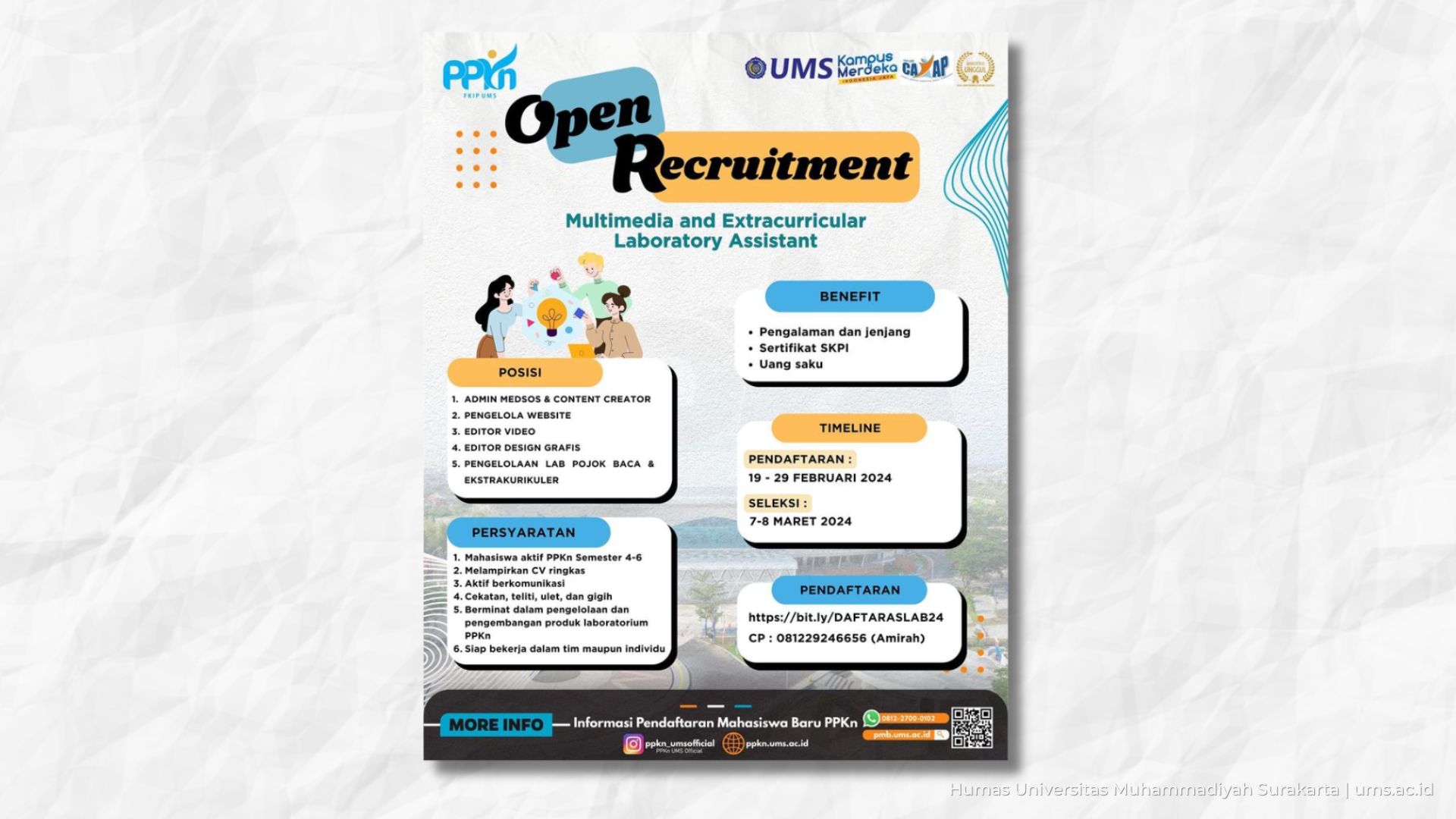 Read more about the article PPKn UMS Akan Open Recruitment Multimedia and Extracurricular Laboratory Assistant Senin Besok !