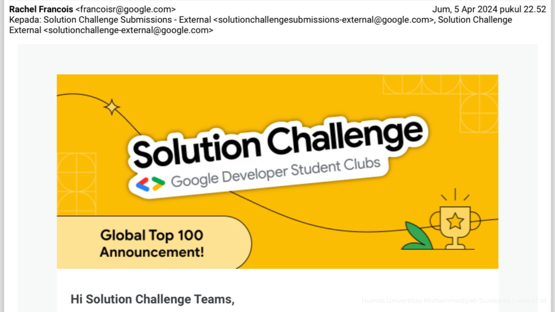 You are currently viewing Tim Mahasiswa UMS Raih The Global Top 100 Teams by Google Solutions Challenge