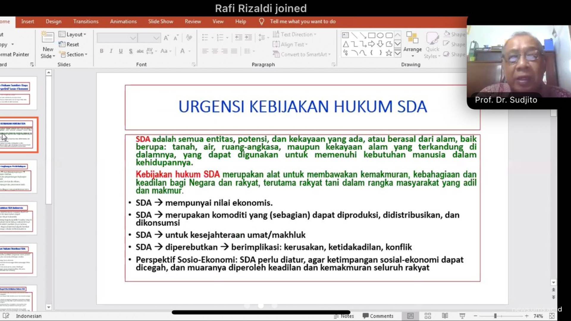 Pemaparan Materi oleh Prof. Dr. Sudjito melalui Zoom Meeting
