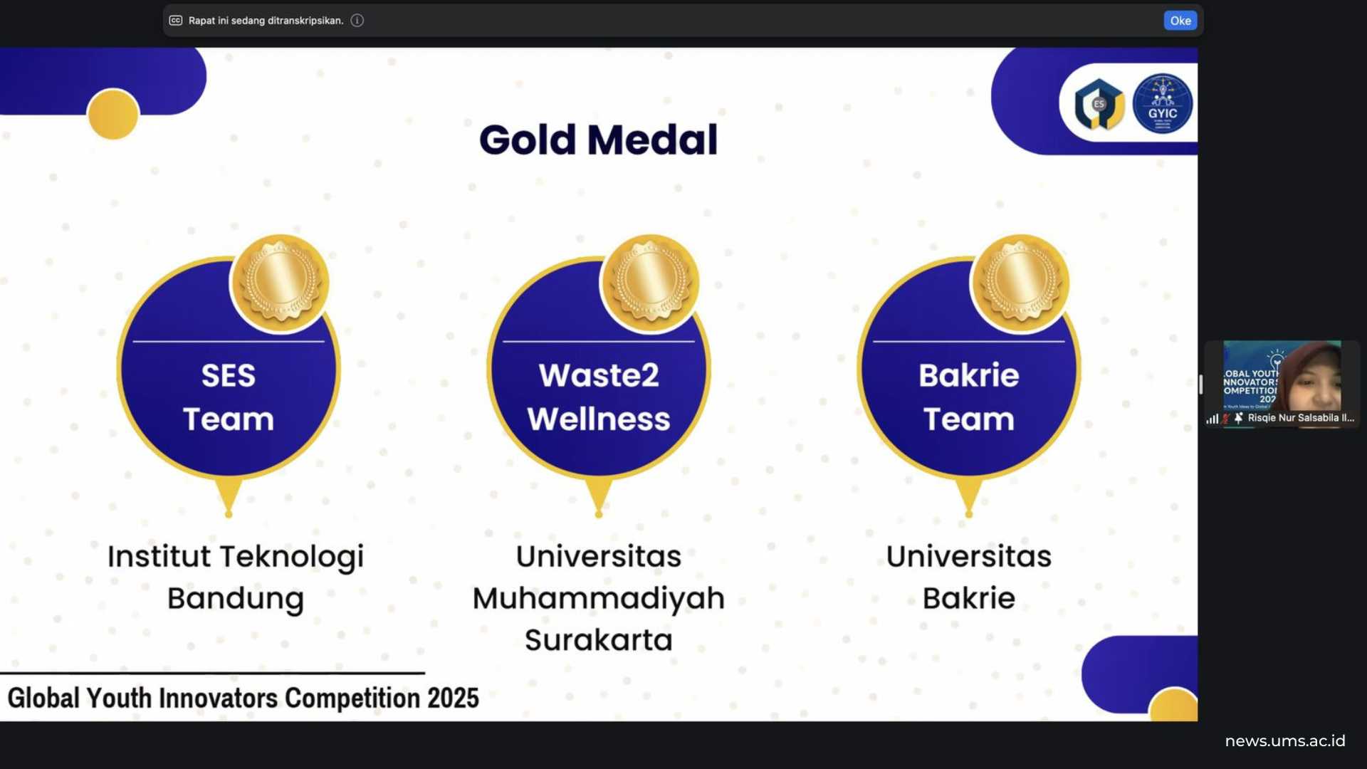 Pengumuman Gold Medal kepada Tim mahasiswa UMS di ajang GYIC 2025
