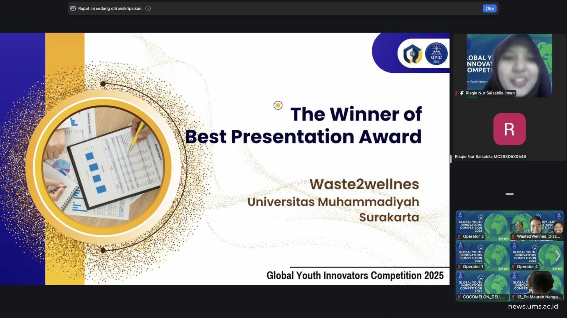 Pengumuman Spesial Award: Best Presentation kepada Tim mahasiswa UMS di ajang GYIC 2025