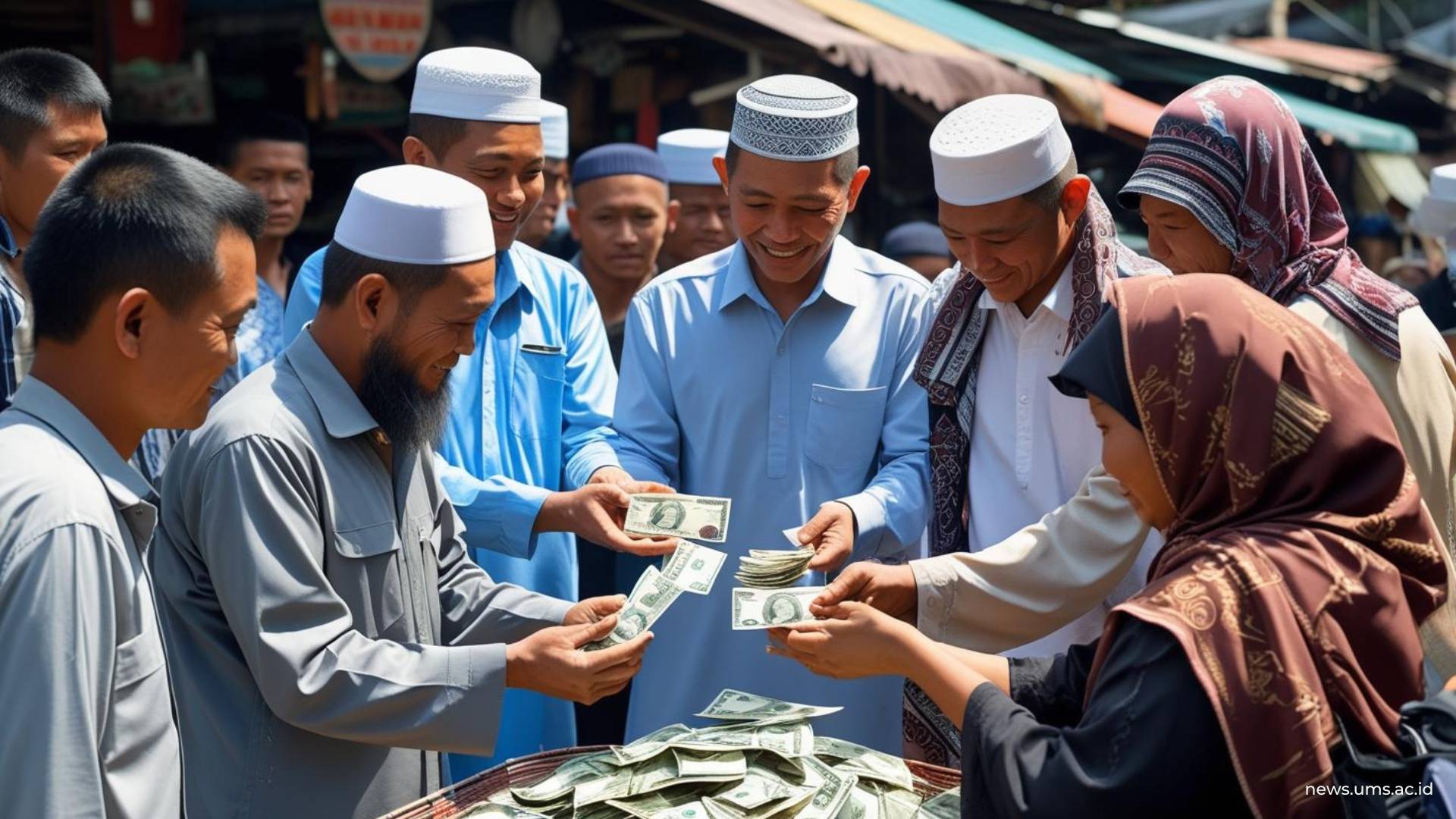 Ilustrasi muslim bersedekah sejumlah uang kepada orang yang kurang beruntung. (Foto: Canva)