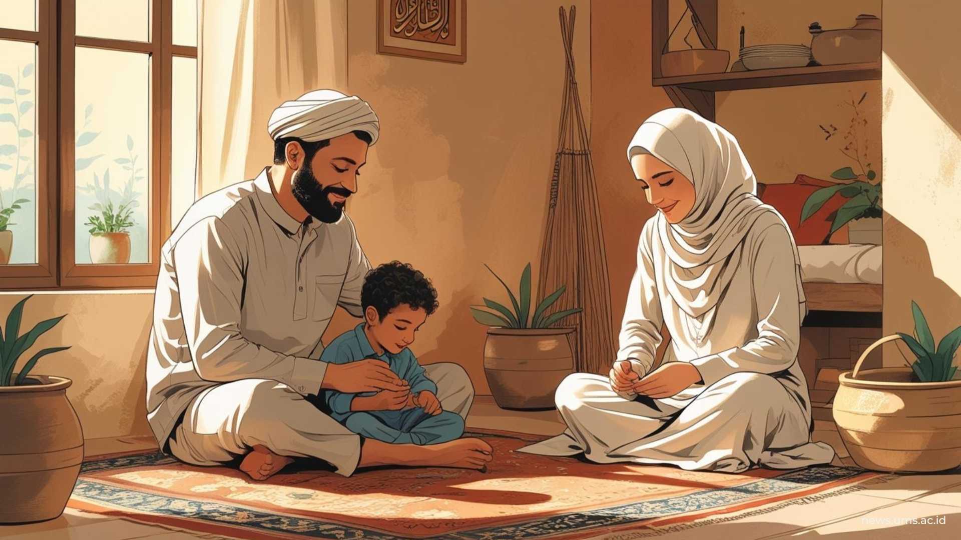 Ilustrasi keluarga Muslim yang terdiri dari ayah, ibu, dan seorang anak asuh, dengan suasana hangat namun tetap menjaga batas interaksi. (Foto: Canva)