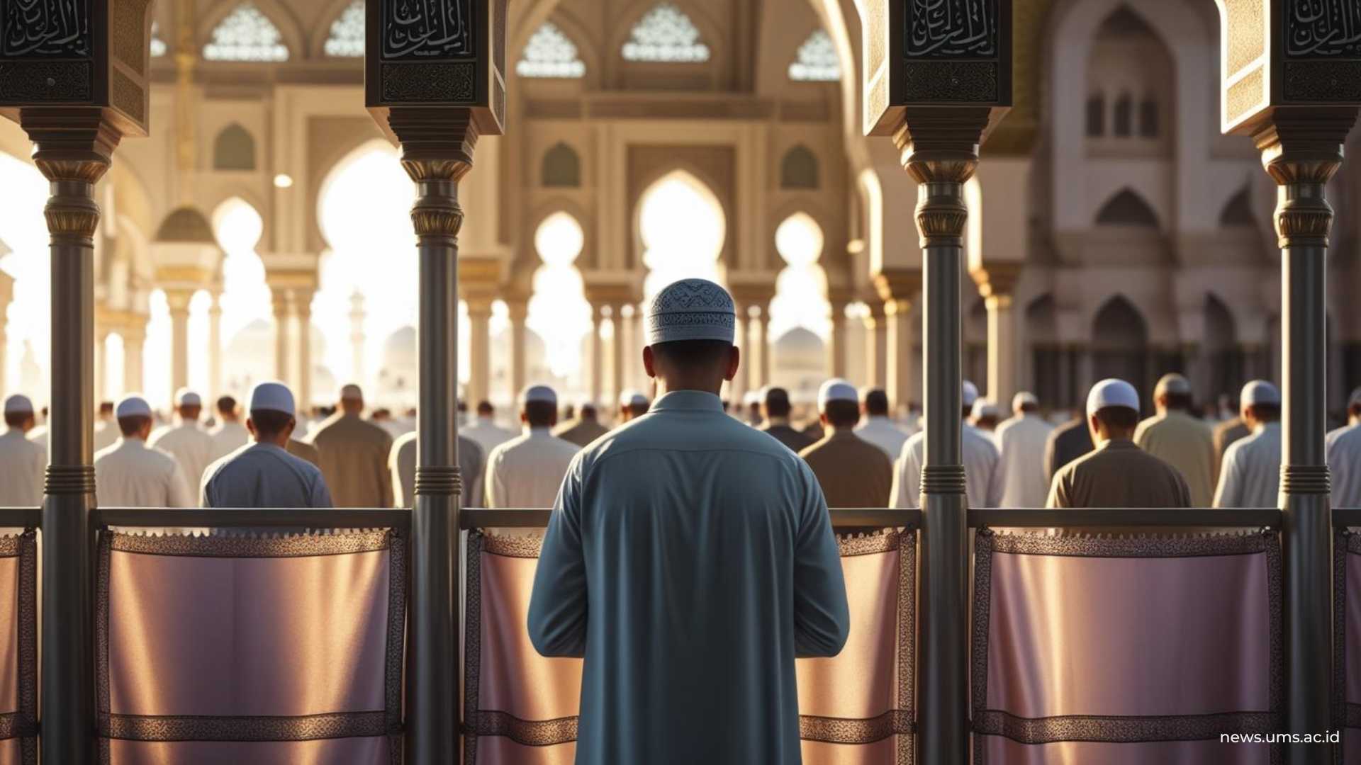 Ilustrasi muslim salat dengan sutrah atau pembatas di depan. (Foto: Canva)