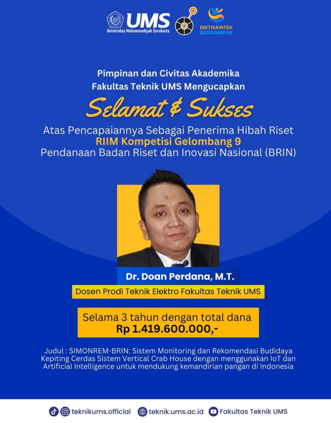 Dosen Elektro UMS Menerima Hibah Riset RIIM Kompetisi Gelombang 9 BRIN