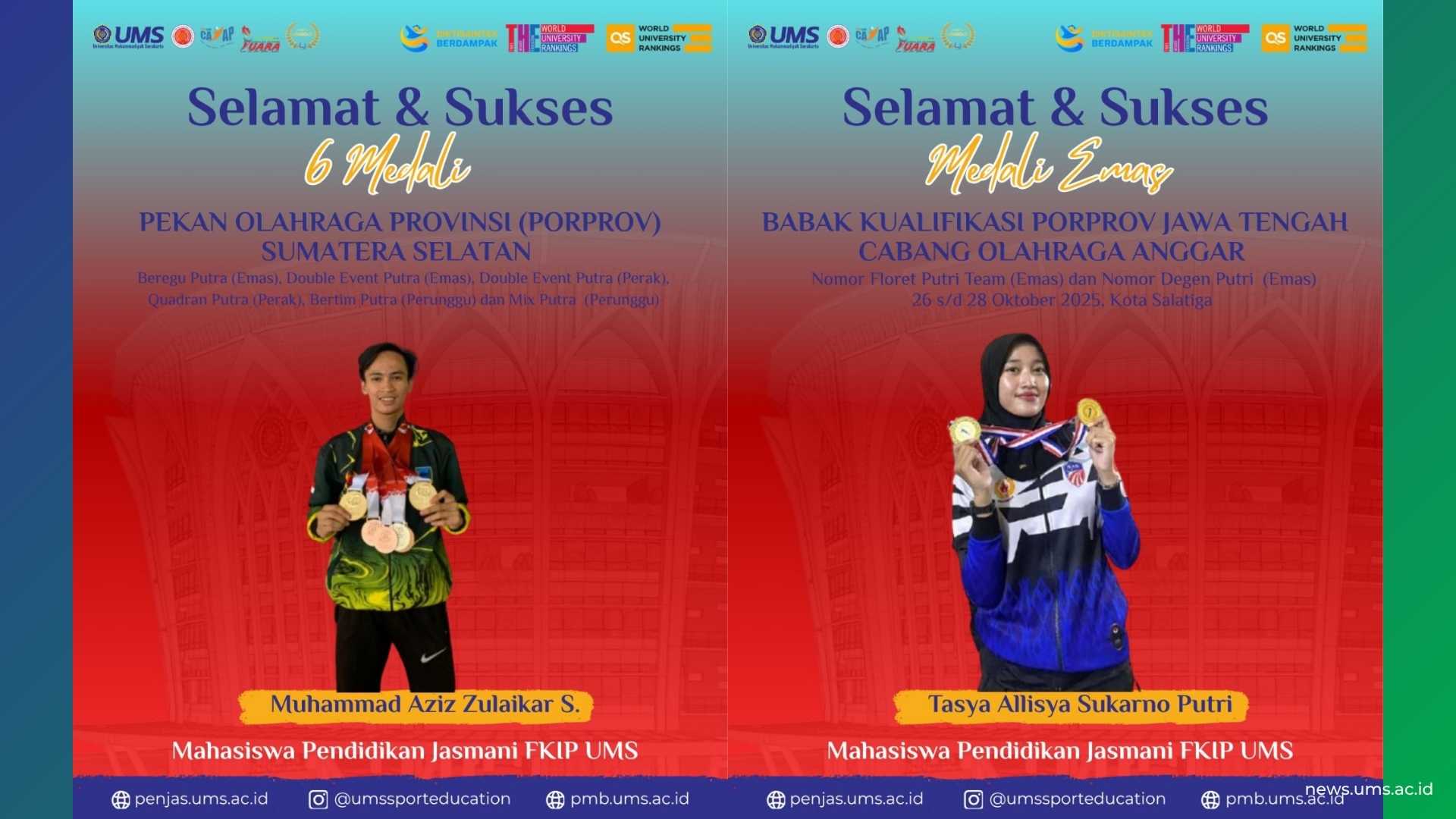 (kiri) Muhammad Aziz Zulaikar S Raih 6 Medali, (kanan) Tasya Allisya Sukarno Putri Raih 2 Emas