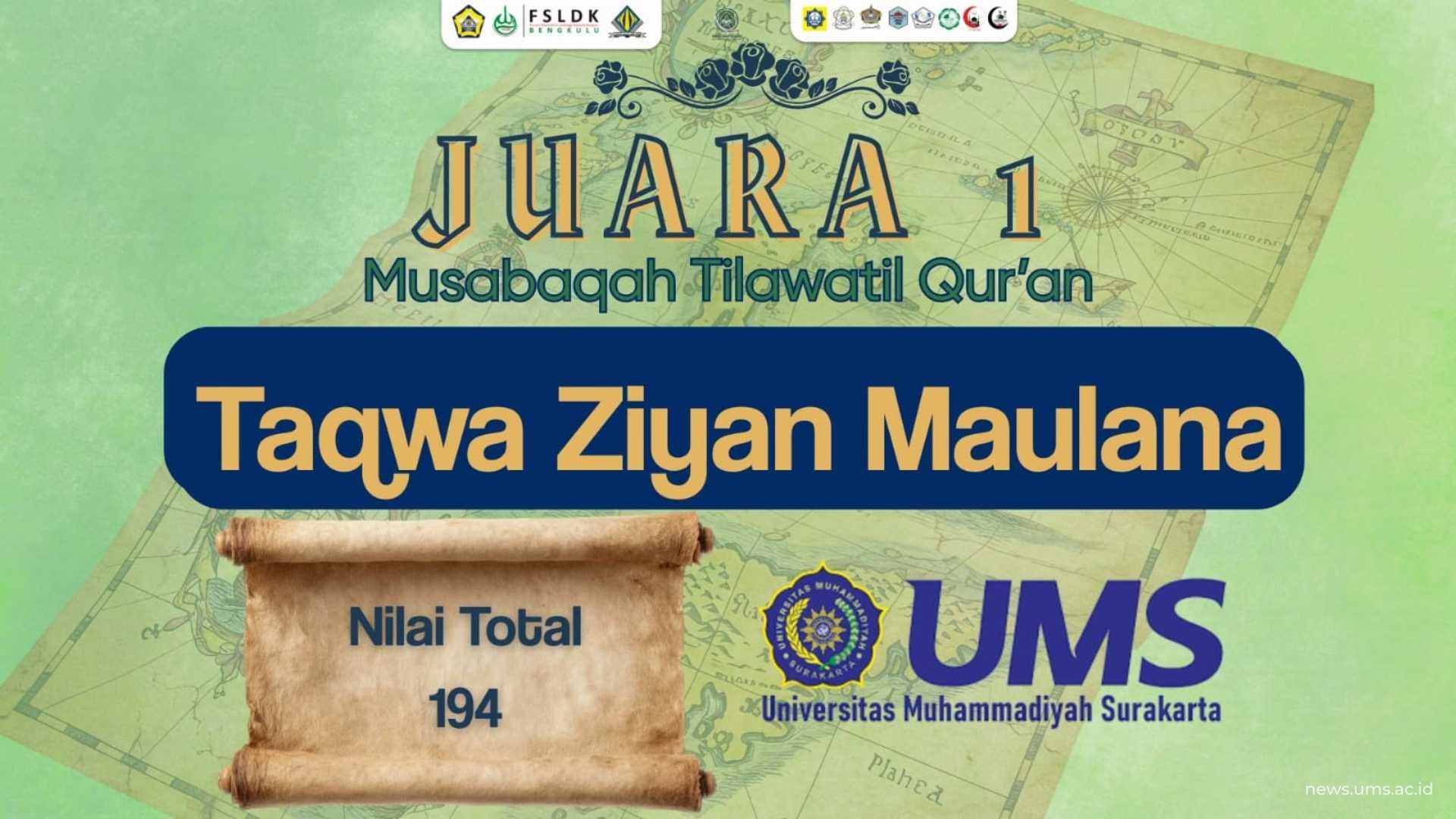 Juara 1 Musabaqah Tilawatil Quran, Taqwa Ziyan Maulana dari UMS dengan nilai total 194