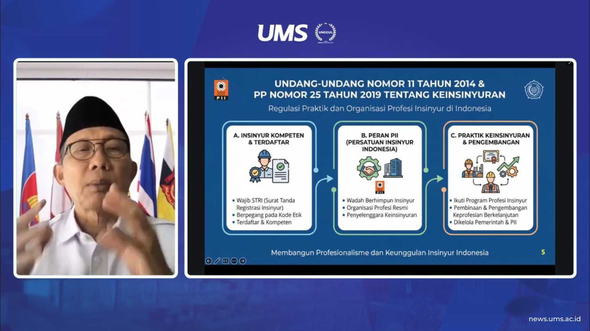 Sekretaris Jenderal Persatuan Insinyur Indonesia Dr. Ir. Teguh Haryono, MBA., IPU., ASEAN Eng., ACPE., APEC Eng. saat memberikan materi secara virtual dalam kuliah umum keinsinyuran, yang merupakan rangkaian Sumpah Profesi Insinyur UMS Angkatan IX, 13 Desember 2025.