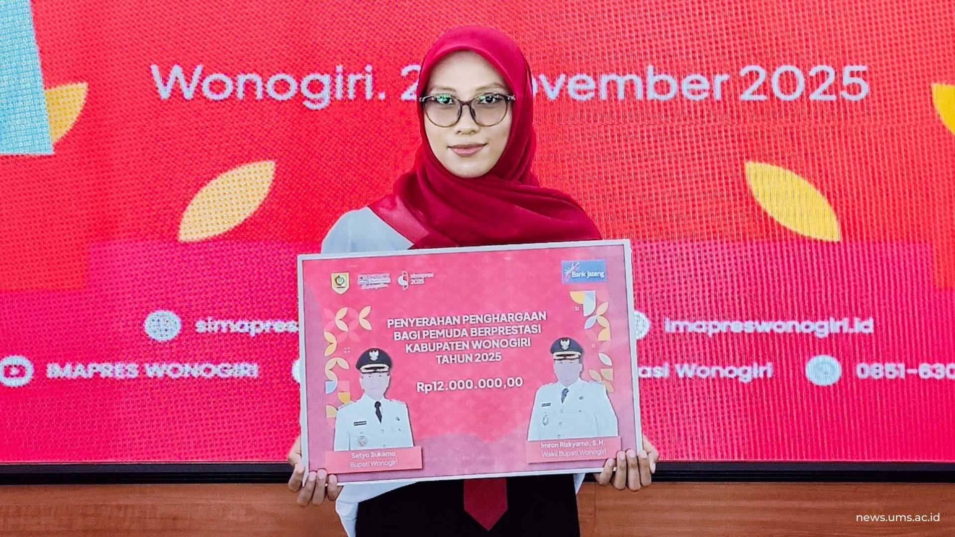 Mahasiswa UMS, Ajeng Adela Selandani Penerima Penghargaan Bagi Pemuda Berprestasi Kabupaten Wonogiri Tahun 2025