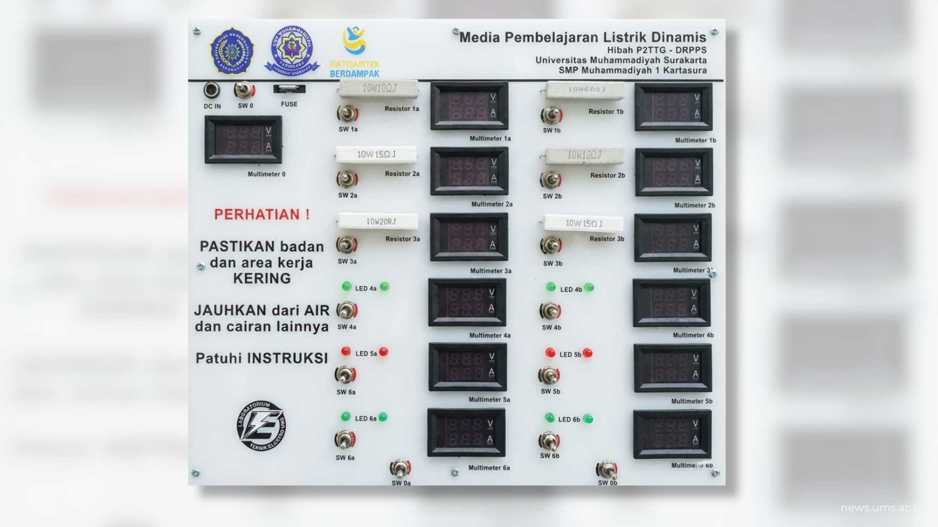 Penampakan media pembelajaran kit listrik dinamis yang terdiri dari beberapa komponen dasar seperti resistor dan LED, serta dilengkapi dengan instrumen pengukuran arus dan tegangan listrik.